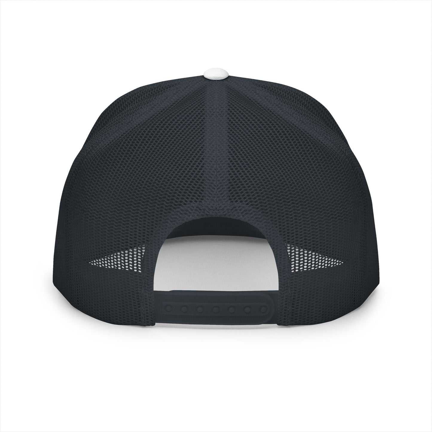 BILLY 5 Panel Flat Bill Trucker Cap (Red/Black Vertical Logo - Embroidery) — AVAILABLE IN 12 COLORS