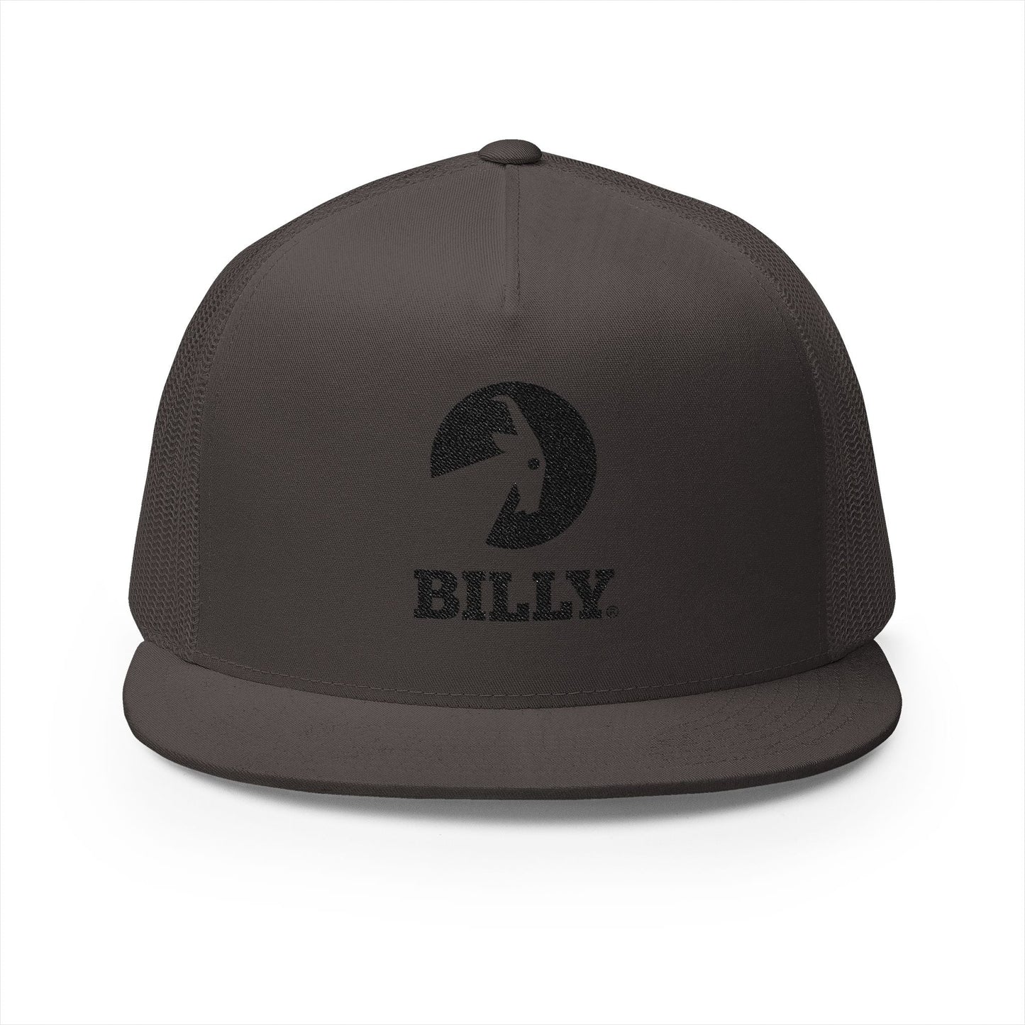  BILLY 5 Panel Flat Bill Trucker Cap (Black Vertical Logo - Embroidery) — AVAILABLE IN 10 COLORS