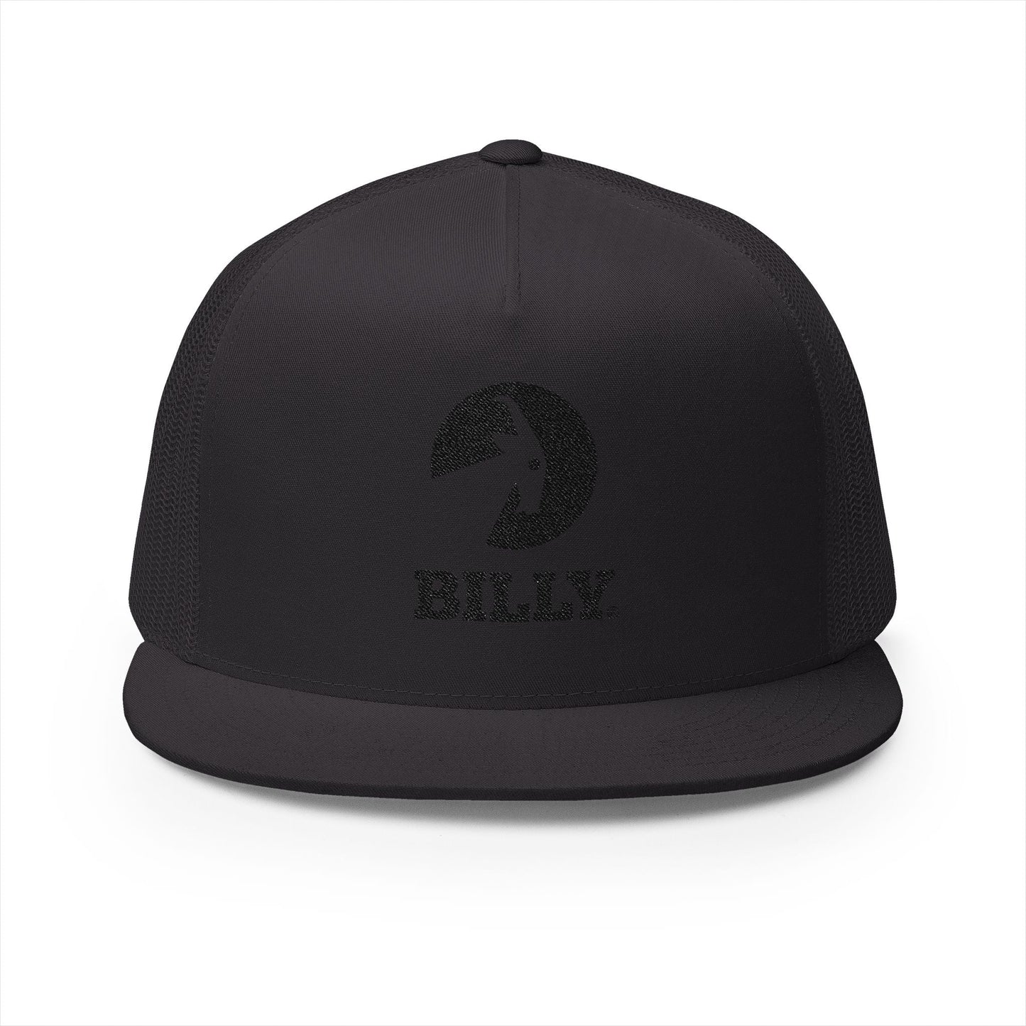  BILLY 5 Panel Flat Bill Trucker Cap (Black Vertical Logo - Embroidery) — AVAILABLE IN 10 COLORS