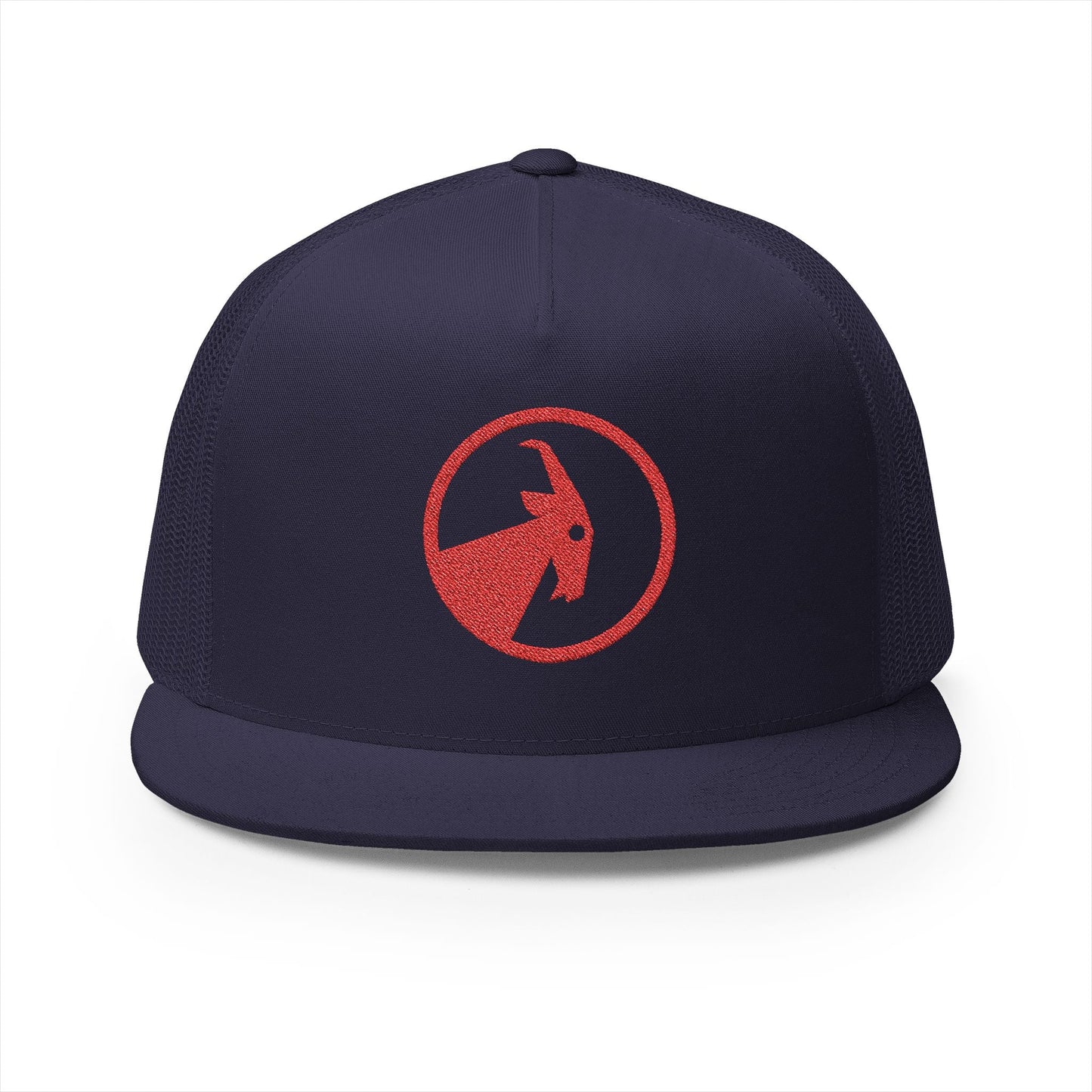  BILLY 5 Panel Flat Bill Trucker Cap (Red Goat - Embroidery) — AVAILABLE IN 13 COLORS