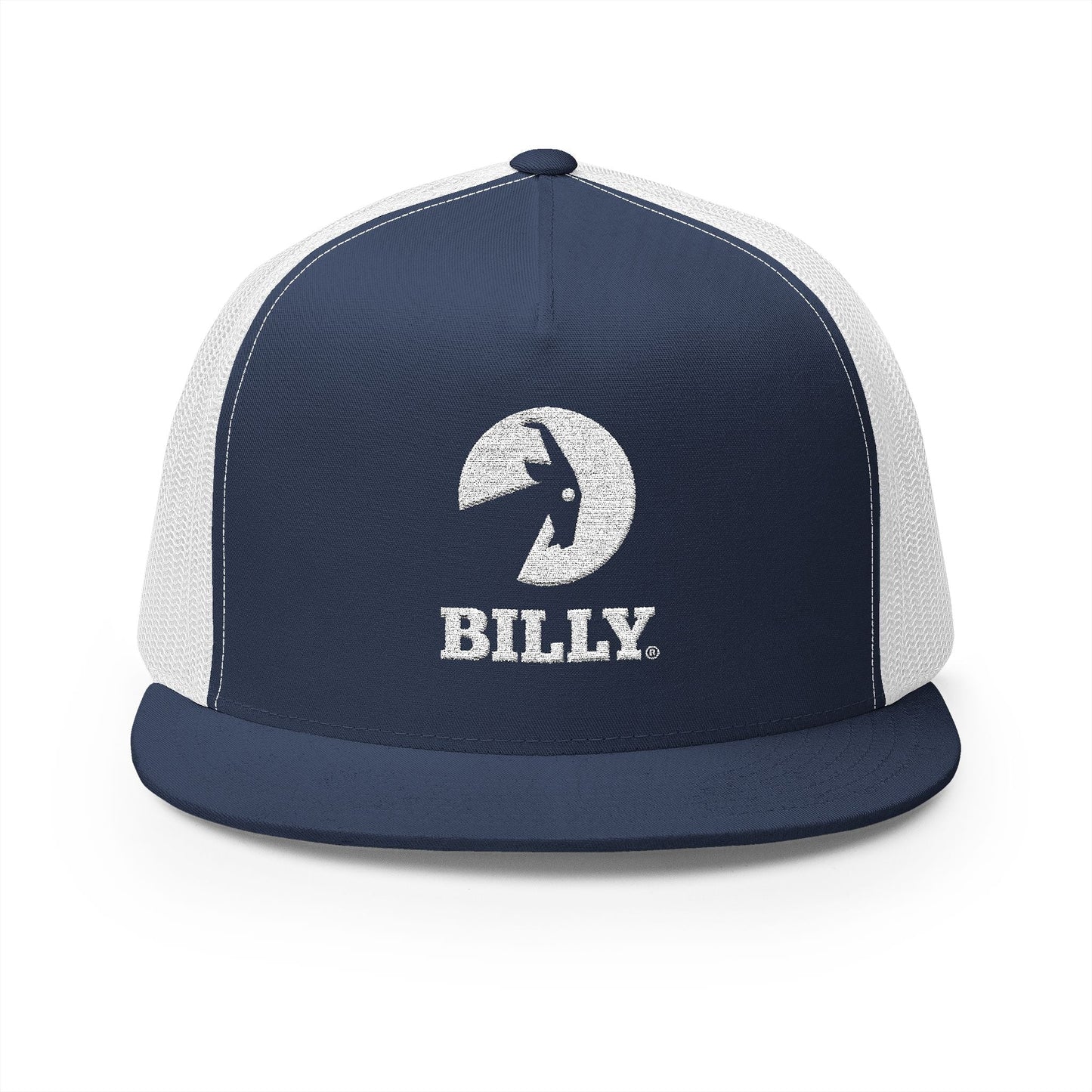 BILLY 5 Panel Flat Bill Trucker Cap (White Vertical Logo - Embroidery) — AVAILABLE IN 13 COLORS