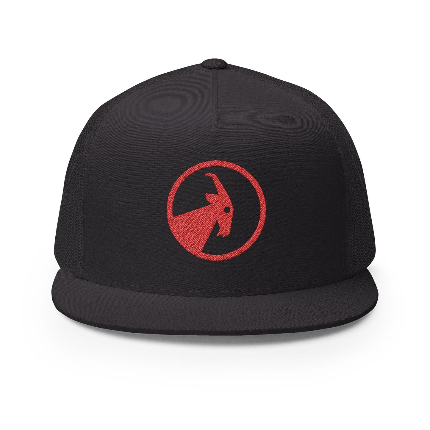  BILLY 5 Panel Flat Bill Trucker Cap (Red Goat - Embroidery) — AVAILABLE IN 13 COLORS