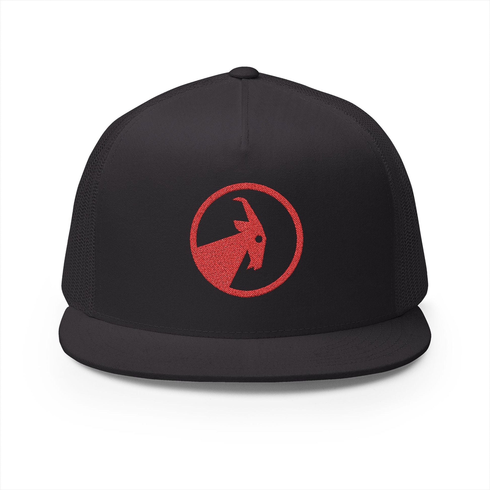  BILLY 5 Panel Flat Bill Trucker Cap (Red Goat - Embroidery) — AVAILABLE IN 13 COLORS