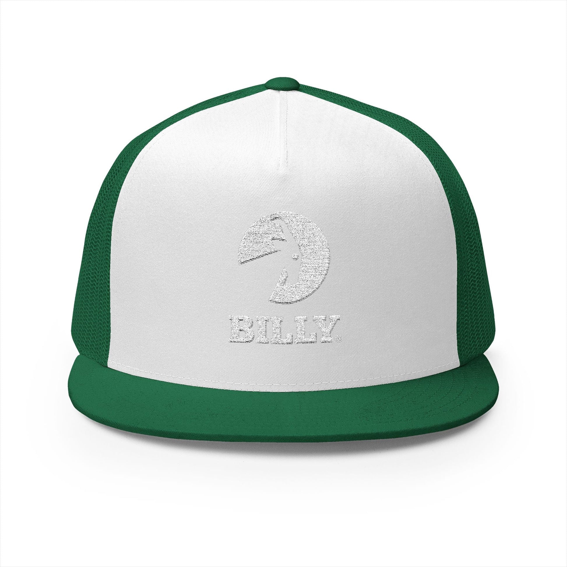  BILLY 5 Panel Flat Bill Trucker Cap (White Vertical Logo - Embroidery) — AVAILABLE IN 13 COLORS