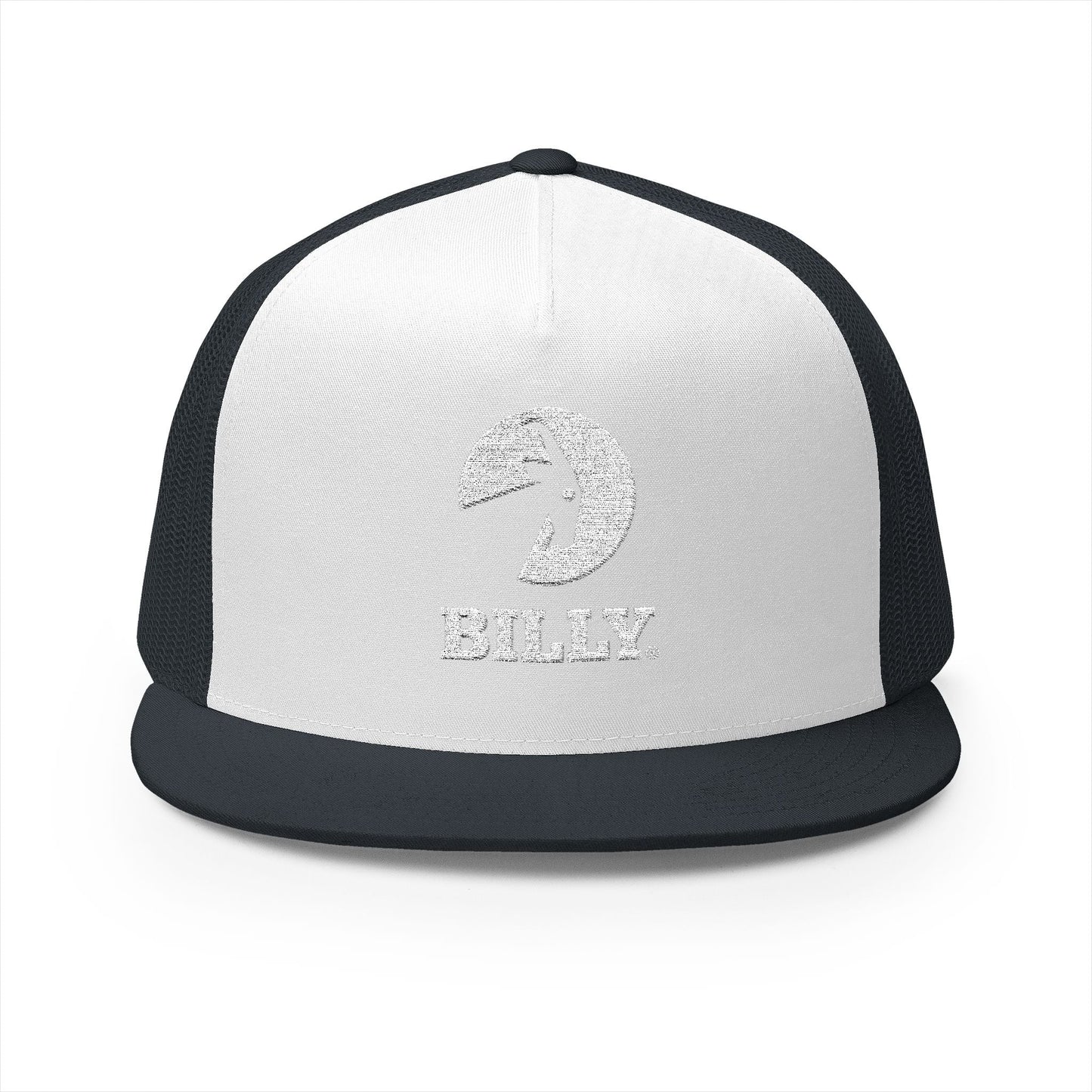  BILLY 5 Panel Flat Bill Trucker Cap (White Vertical Logo - Embroidery) — AVAILABLE IN 13 COLORS