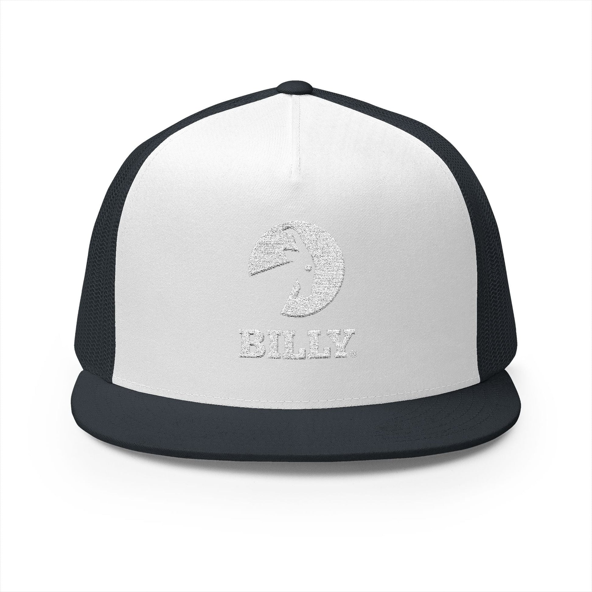  BILLY 5 Panel Flat Bill Trucker Cap (White Vertical Logo - Embroidery) — AVAILABLE IN 13 COLORS