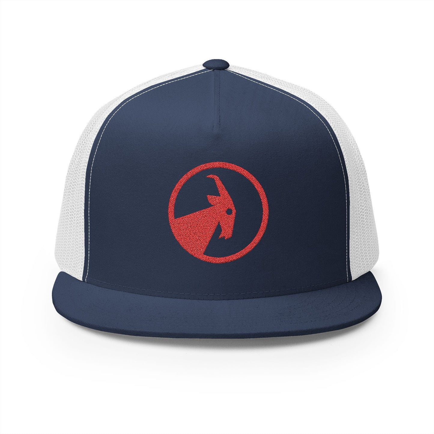  BILLY 5 Panel Flat Bill Trucker Cap (Red Goat - Embroidery) — AVAILABLE IN 13 COLORS