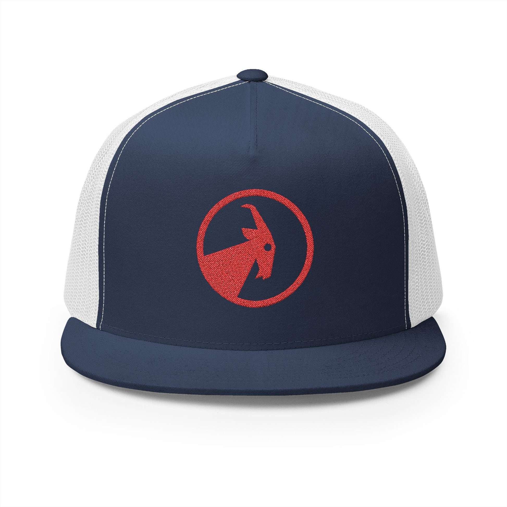  BILLY 5 Panel Flat Bill Trucker Cap (Red Goat - Embroidery) — AVAILABLE IN 13 COLORS