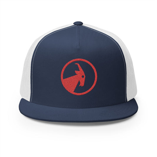 BILLY 5 Panel Flat Bill Trucker Cap (Red Goat - Embroidery) — AVAILABLE IN 13 COLORS