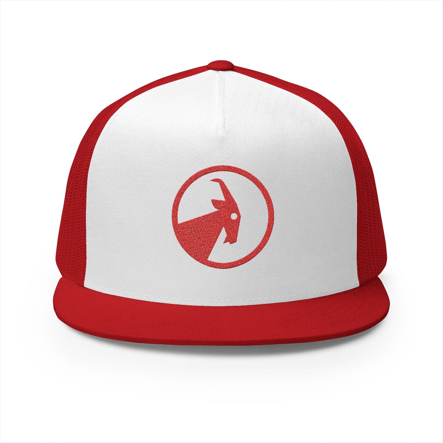  BILLY 5 Panel Flat Bill Trucker Cap (Red Goat - Embroidery) — AVAILABLE IN 13 COLORS