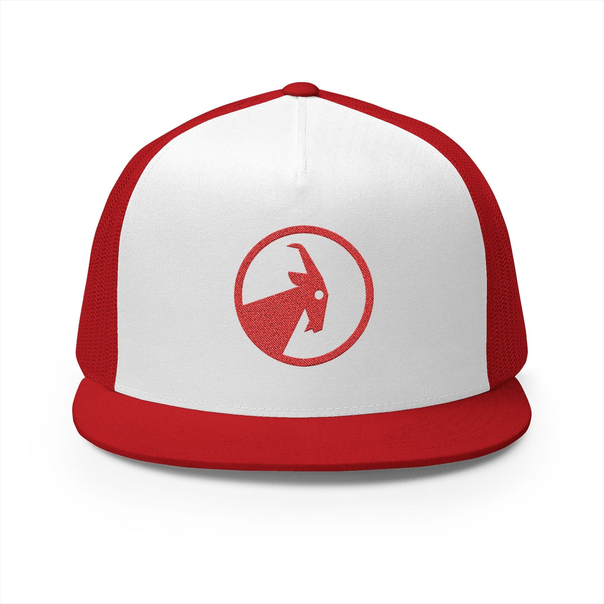  BILLY 5 Panel Flat Bill Trucker Cap (Red Goat - Embroidery) — AVAILABLE IN 13 COLORS