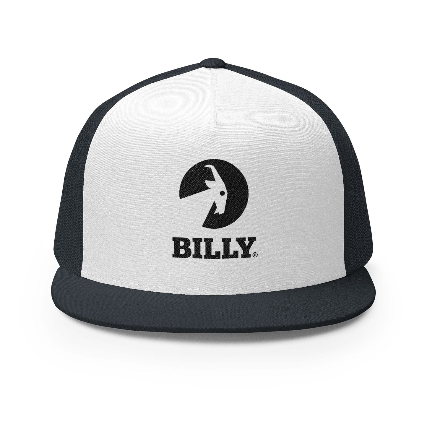  BILLY 5 Panel Flat Bill Trucker Cap (Black Vertical Logo - Embroidery) — AVAILABLE IN 10 COLORS
