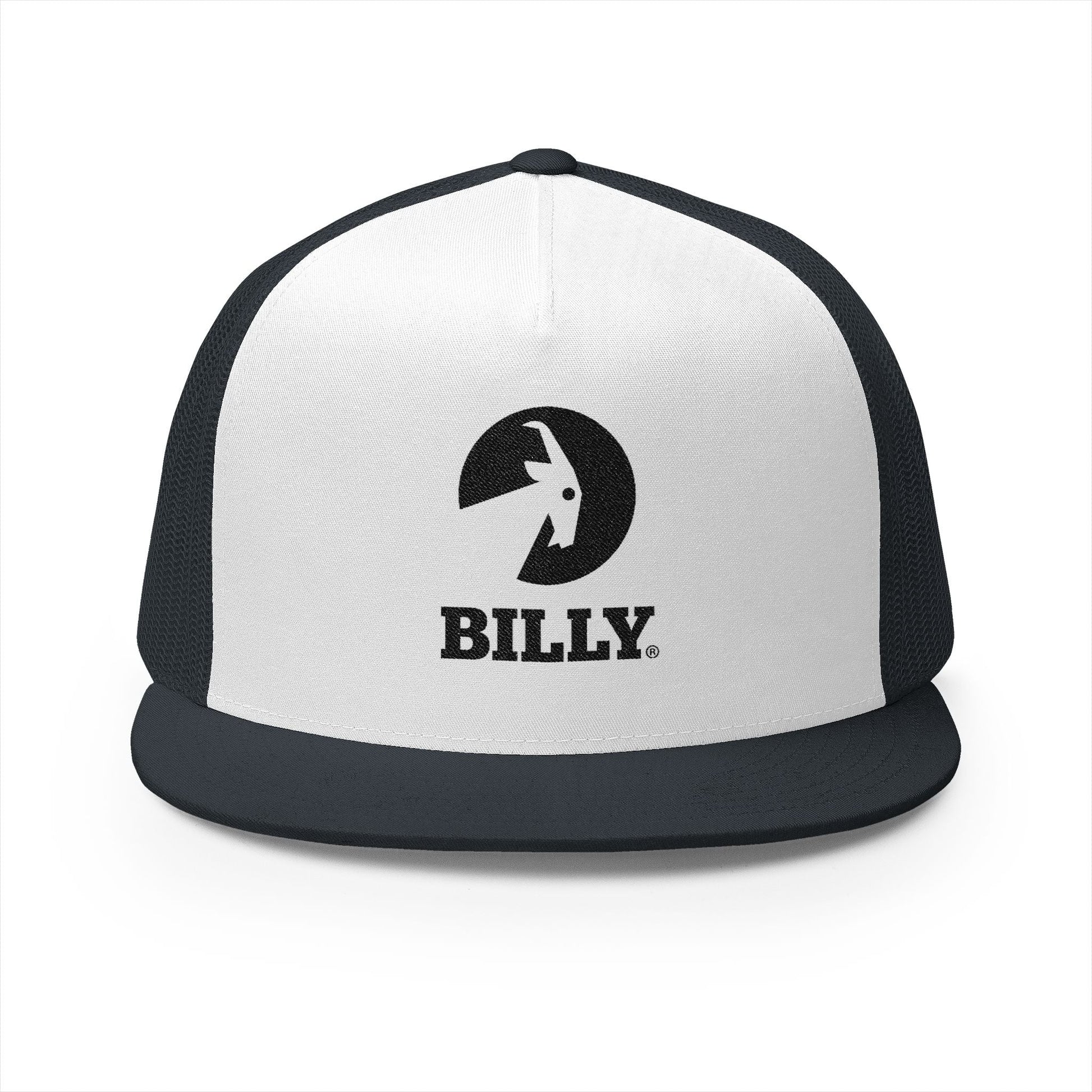  BILLY 5 Panel Flat Bill Trucker Cap (Black Vertical Logo - Embroidery) — AVAILABLE IN 10 COLORS