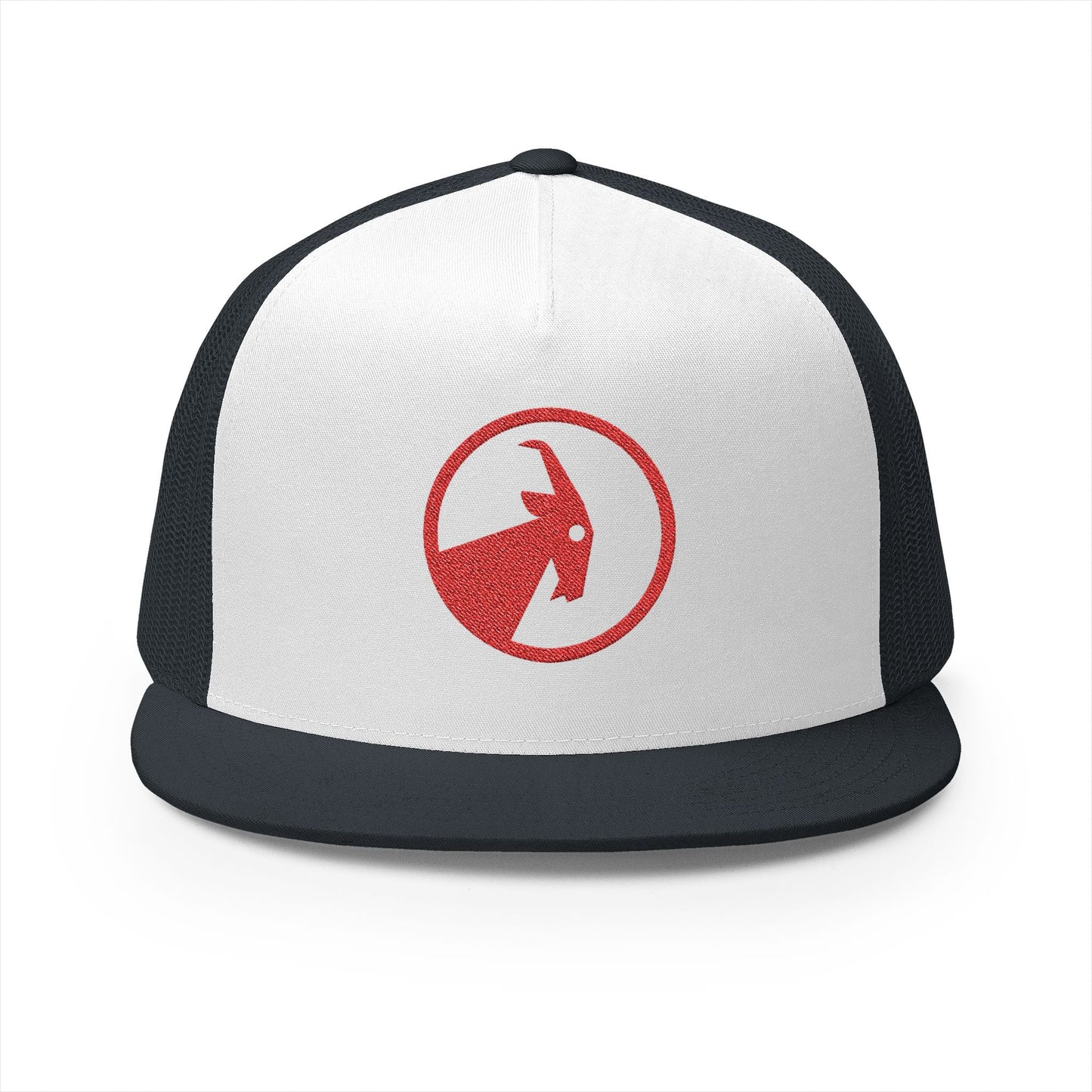  BILLY 5 Panel Flat Bill Trucker Cap (Red Goat - Embroidery) — AVAILABLE IN 13 COLORS