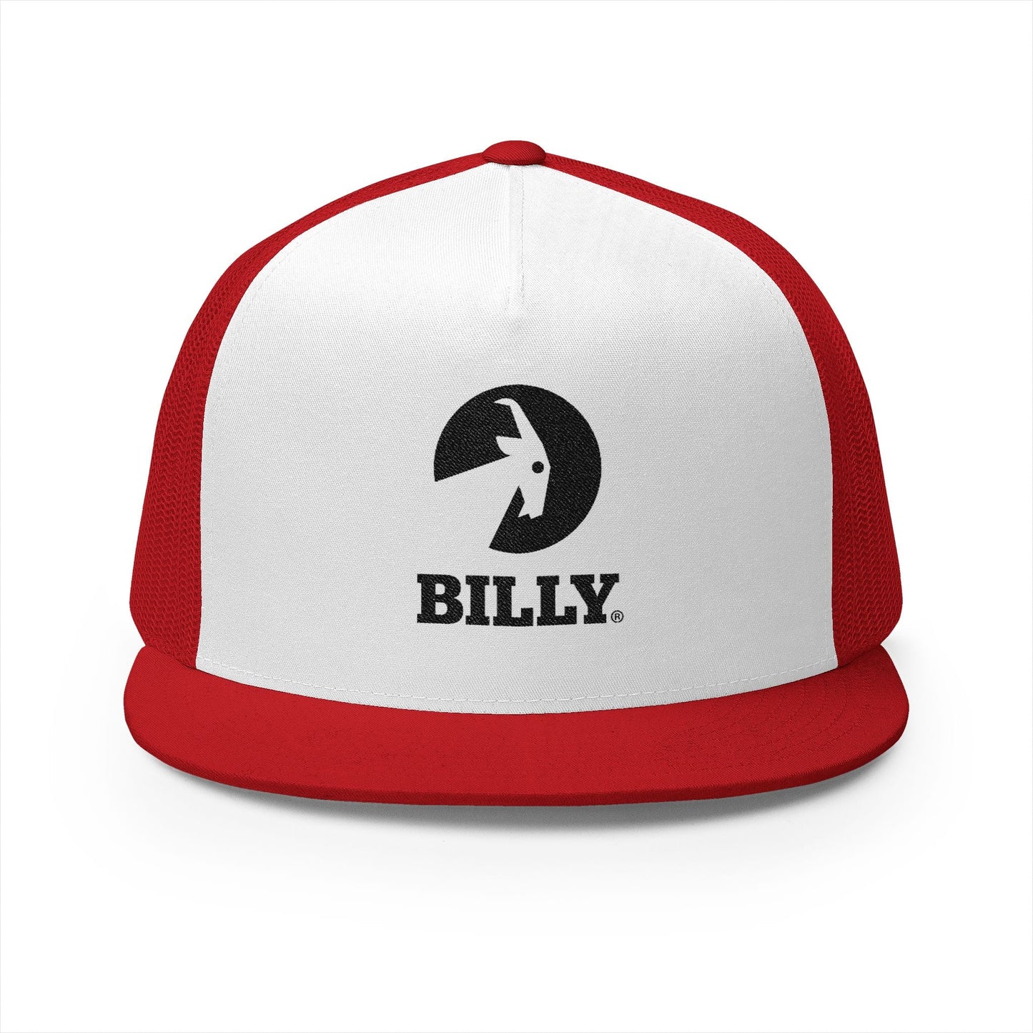  BILLY 5 Panel Flat Bill Trucker Cap (Black Vertical Logo - Embroidery) — AVAILABLE IN 10 COLORS