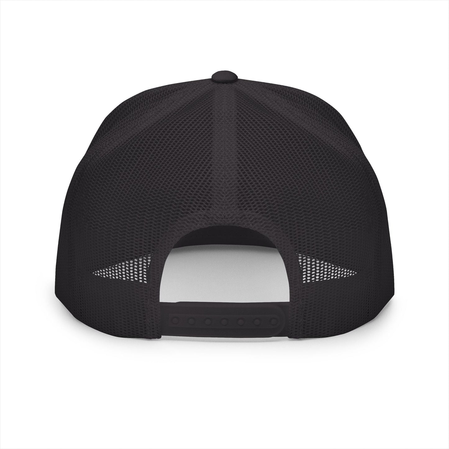  BILLY 5 Panel Flat Bill Trucker Cap (Red/Black Vertical Logo - Embroidery) — AVAILABLE IN 12 COLORS