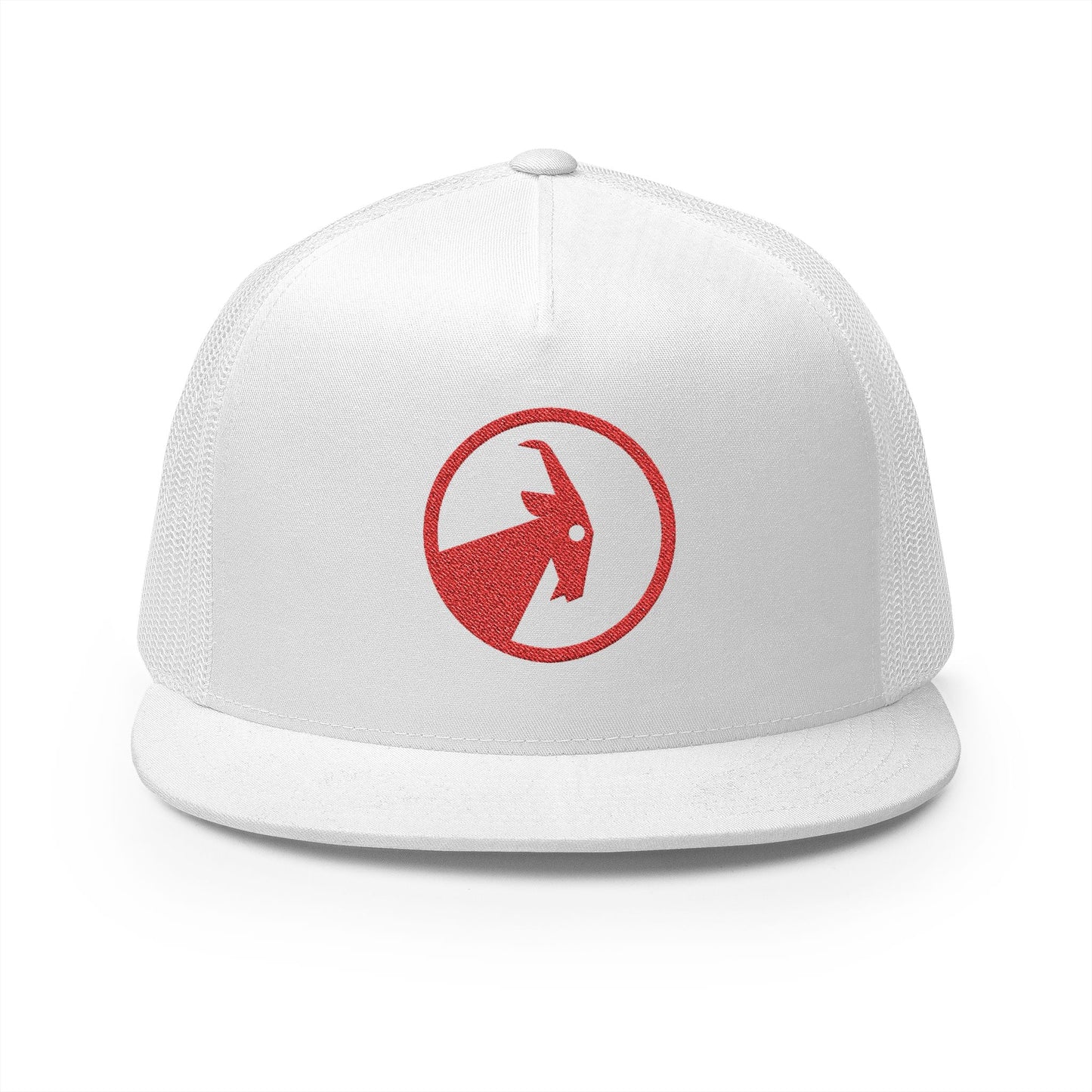 BILLY 5 Panel Flat Bill Trucker Cap (Red Goat - Embroidery) — AVAILABLE IN 13 COLORS