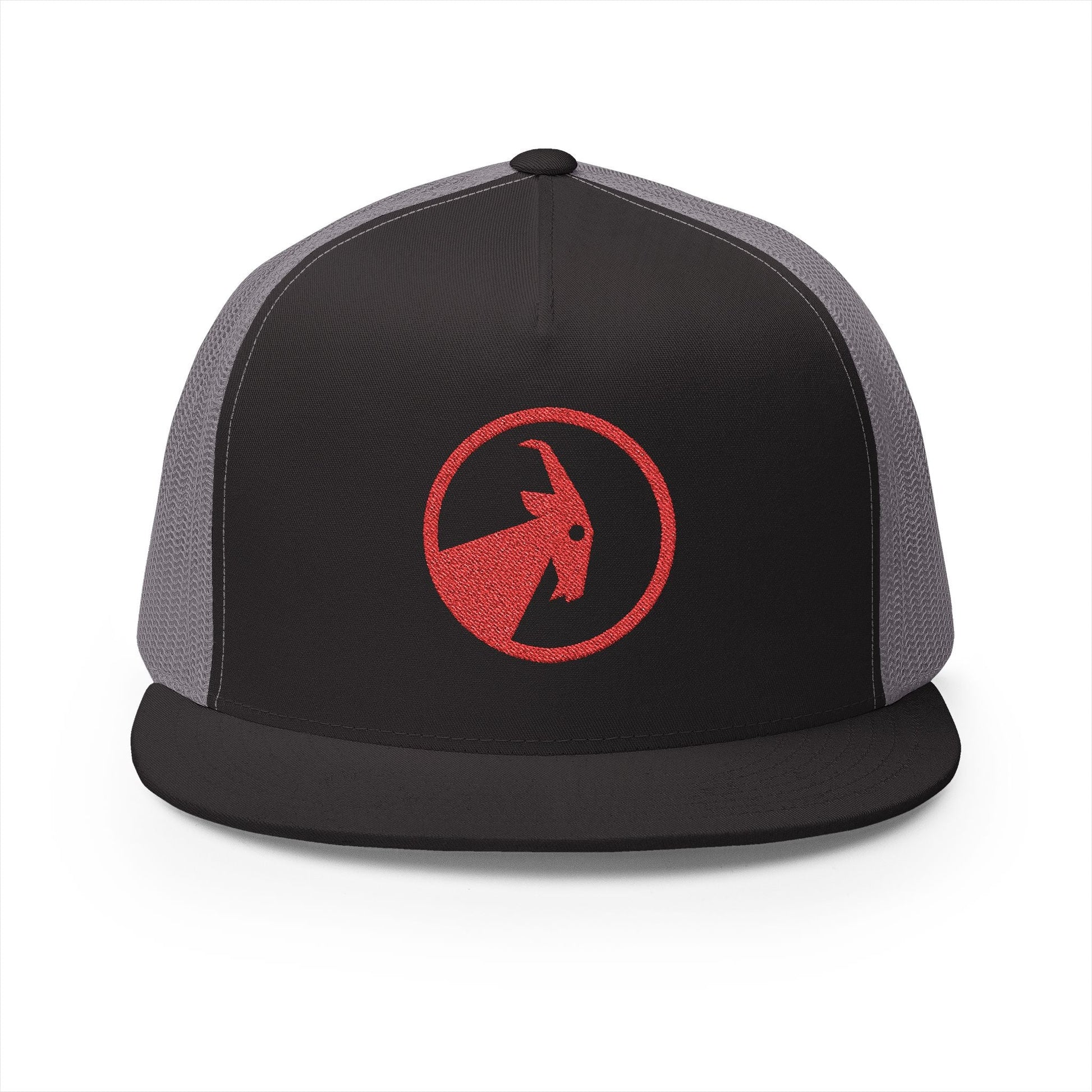  BILLY 5 Panel Flat Bill Trucker Cap (Red Goat - Embroidery) — AVAILABLE IN 13 COLORS