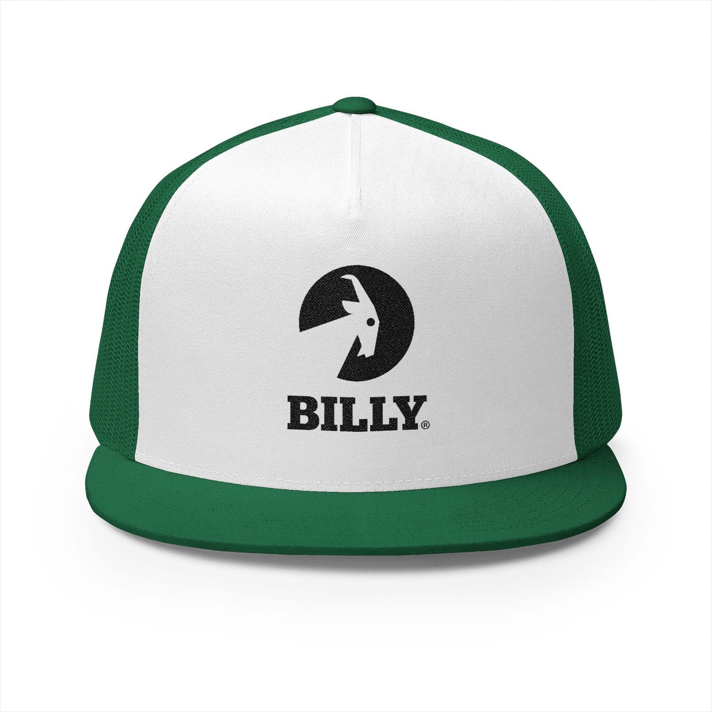  BILLY 5 Panel Flat Bill Trucker Cap (Black Vertical Logo - Embroidery) — AVAILABLE IN 10 COLORS