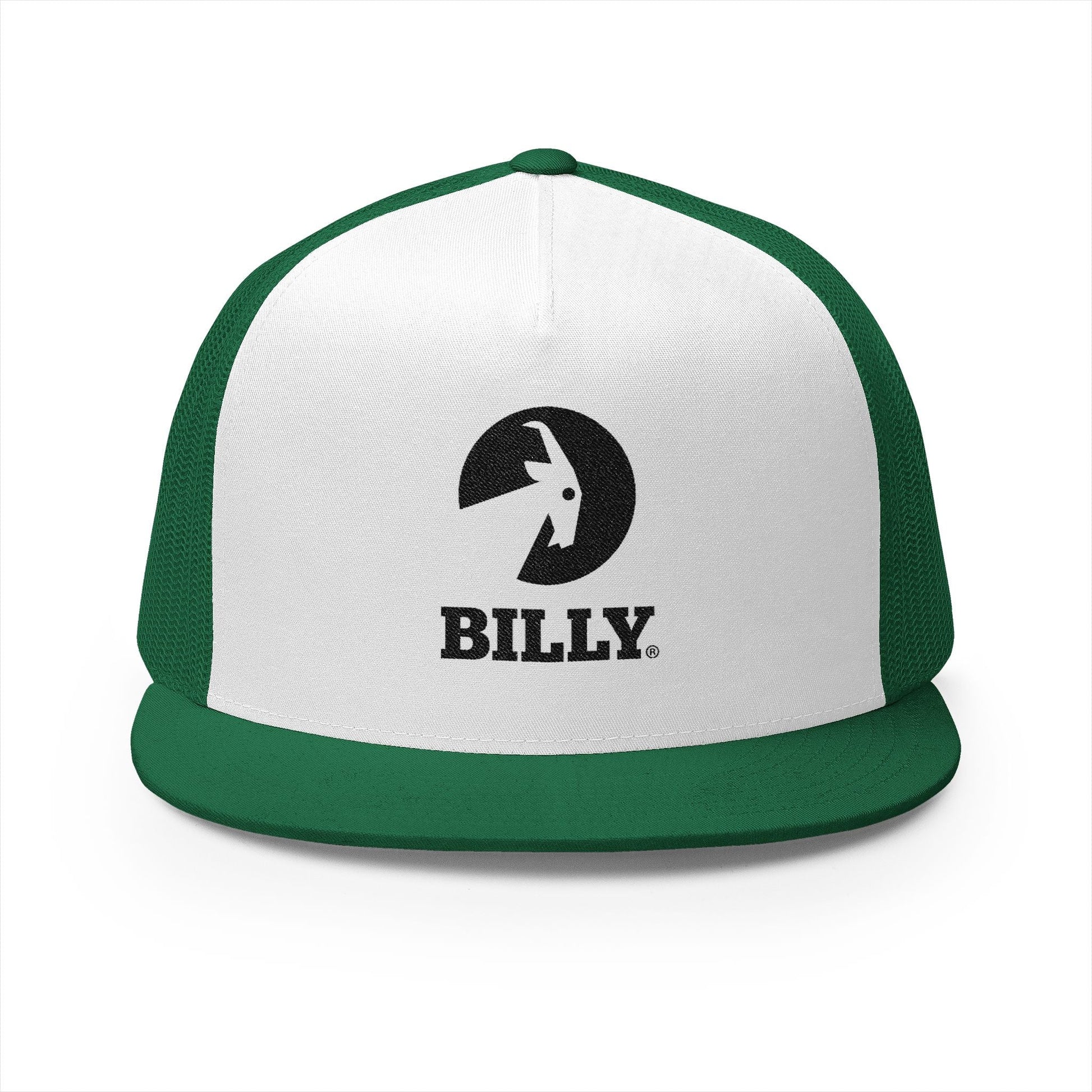  BILLY 5 Panel Flat Bill Trucker Cap (Black Vertical Logo - Embroidery) — AVAILABLE IN 10 COLORS