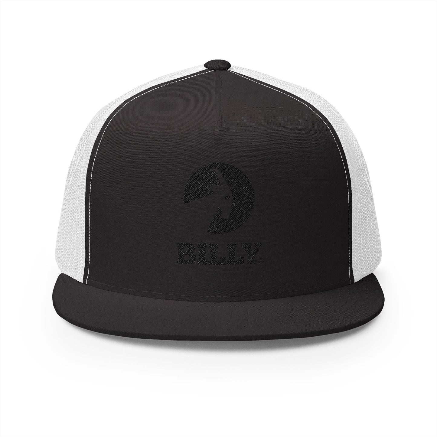  BILLY 5 Panel Flat Bill Trucker Cap (Black Vertical Logo - Embroidery) — AVAILABLE IN 10 COLORS
